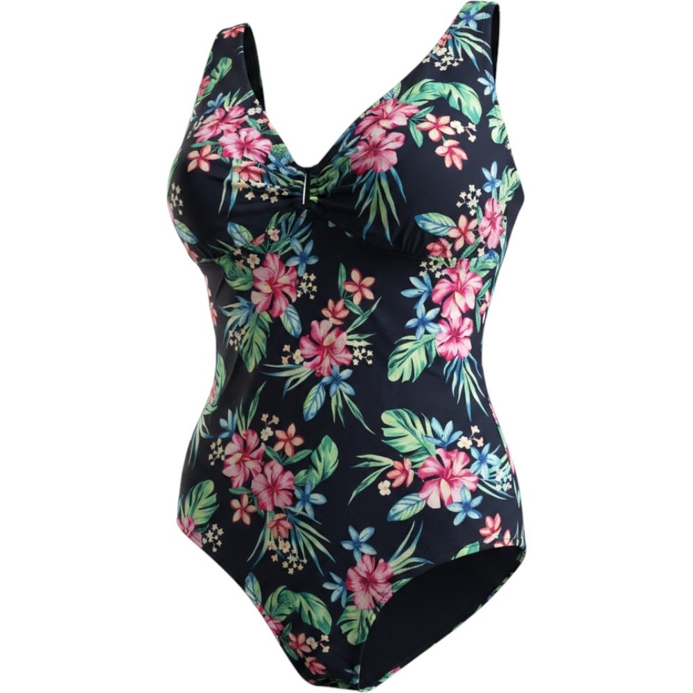 Navy & Pink Floral Tankini Top One-Piece Swimsuit Sz 16 Leaves Tropical‎ Stretch